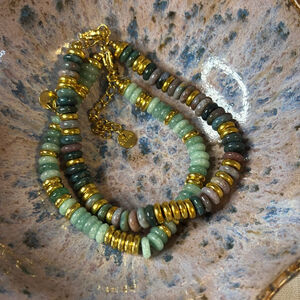Green Heishi Bead Bracelets Gold-Tone Spacers Adjustable Bracelet Stack of Two
